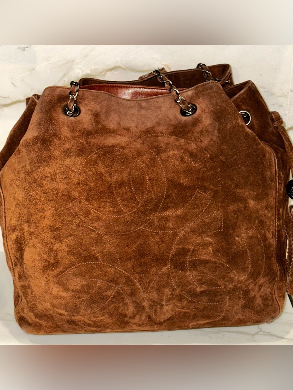 CHANEL Brown Suede Hobo Bag with Chain Handles and Tassle